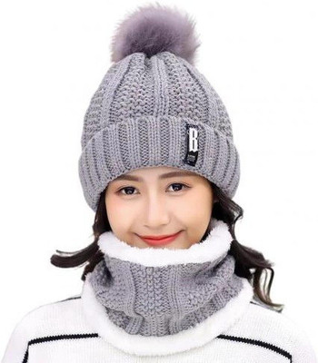 Highever women cute winter woolen warm cap with scarf set (Inside Fur) for girls Beanie Cap(Pack of 2)