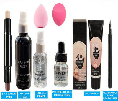INWISH primer foundation face serum makeup fixer Eyeliner and puffs Makeup stick combo set PACK OF 8 SKIN FRIENDLY COMBO FOR ALL SKIN TYPES(8 Items in the set)