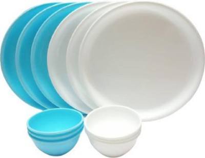 Kanha Pack of 6 Plastic Solid Colors Combo BPA Free Microwave Safe Round Plastic Dinner Set - Porcelain Look, Ultra Light, Break Resistant (1 White Plate + 2 White Bowls and 1 Aqua Blue Plate+2 Aqua Blue Bowl ) Plate Size : 11 Inches and Bowl Capacity : 250 ml Dinner Set(Microwave Safe)