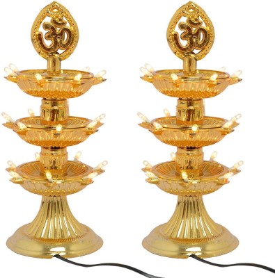 Rzlecort 3 layer electric gold LED diya deepak light for diwali home temple decorative Plastic (Pack of 2) Table Diya (Height: 10 inch) Brass (Pack of 2) Table Diya Set(Height: 10 inch)