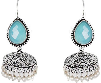 Teejh Teejh Sahasra Light Blue Stone Silver Oxidised Earrings Brass Jhumki Earring