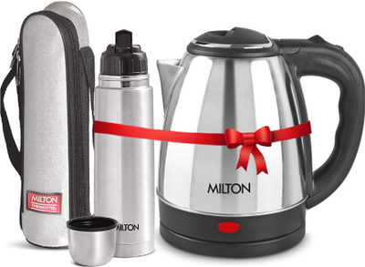 MILTON Combo Set Insta Electric Stainless Steel Kettle, 2 Litres, Silver and Flip Lid Thermosteel Hot or Cold Stainless Steel Water Bottle with Jacket, 750 ml, Silver Electric Kettle(2.75 L, Silver)