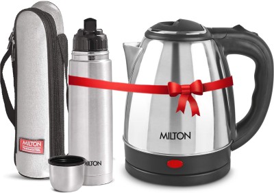 MILTON Go Electric Stainless Steel Kettle, 1.2 Litres and Flip Lid Bottle, 500 ml 1700 ml Flask(Pack of 2, Silver, Steel)