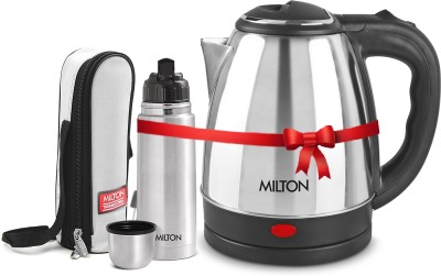 MILTON Go Electric Stainless Steel Kettle, 2 Litres and Flip Lid Bottle, 350 ml 2350 ml Flask(Pack of 2, Silver, Steel)