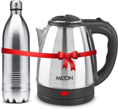 MILTON Go Electric Stainless Steel Kettle, 1.2 Litres and Duo Dlx Bottle, 1 Litres 2200 ml Flask(Pack of 2, Silver, Steel)