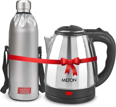 MILTON Go Electric Stainless Steel Kettle, 1.2 Litres and Duo DLX Bottle, 1.8 Litres 3000 ml Flask(Pack of 2, Silver, Steel)
