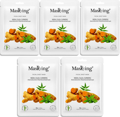 MasKing Bamboo Facial Sheet Mask of Neem, Tulsi & Turmeric for Skin Oil Control Ideal for Women & Men Pack of 5(100 ml)