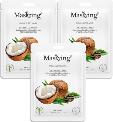 MasKing Bamboo Facial Sheet Mask of Coconut & Coffee for Skin Nourishing & Conditioning Ideal for Women & Men Pack of 3(60 ml)