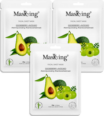 MasKing Bamboo Facial Sheet Mask of Gooseberry & Avocado for Skin Rejuvenating Ideal for Women & Men Pack of 3(60 ml)