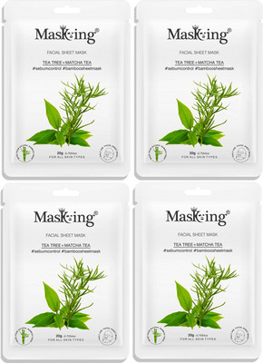 MasKing Bamboo Facial Sheet Mask of Tea Tree & Matcha Tea for Sebum Control Ideal for Women & Men Pack of 4(80 ml)