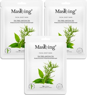 MasKing Bamboo Facial Sheet Mask of Tea Tree & Matcha Tea for Sebum Control Ideal for Women & Men Pack of 3(60 ml)