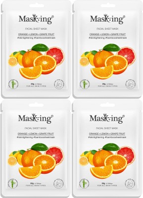 MasKing Bamboo Facial Sheet Mask of Orange, Lemon & Grapefruit for Skin Lightening Ideal for Women & Men Pack of 4(80 ml)