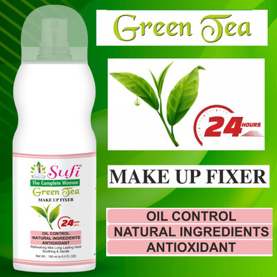 SUFI THE COMPLETE WOMAN long lasting Makeup Fixer Natural Spray CAN BE APPLIED ANY TYPE OF MAKE UP, MIST & FIX Primer.keep your make up looking flawless all day long, you need the green tea make up fix setting spray. New Green tea makeup Foundation fixer Natural MAKEUP FIXER SPRAY Primer, Foundation