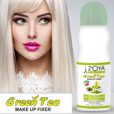 ZOYA PARIS Green Tea Extracts Makeup Fixer Spray Primer.Lightweight, soothing spray fixes all kind of makeup, forming on the skin with light invisible blemishes with moisturizing effect. It keeps your makeup for long and looks fresh. Comfortable to put it on. Ease to use. It’s completely made with t