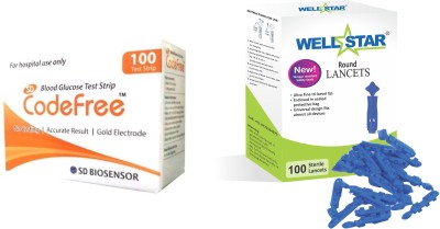 Wellstar CODEFREE 100 Test Strips With ROUND Glucometer Lancets (100) Glucometer Lancets(100)