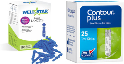 Wellstar CONTOUR PLUS 25 Test Strips With ROUND Glucometer Lancets (100) Glucometer Lancets(100)