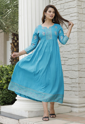 OM GROUP Women Printed Anarkali Kurta(Light Blue)