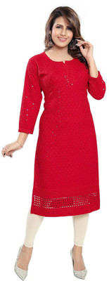 Dream & Dzire Women Chikan Embroidery Straight Kurta(Red)