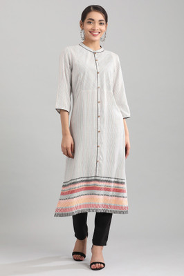 Aurelia Women Striped Straight Kurta(Grey)