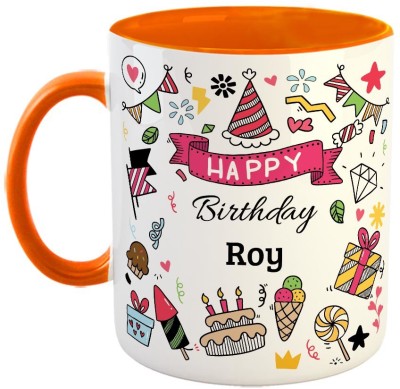 Furnish Fantasy Happy Birthday Ceramic Coffee - Best Birthday Gift for Son, Daughter, Brother, Sister, Gift for Kids, Return Gift - Color - Orange, Name - Roy Ceramic Coffee Mug(350 ml)
