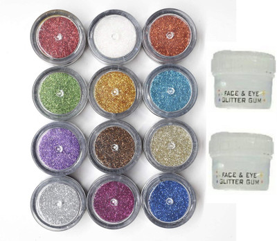Elecsera Eye Shadow Shimmer Dust + Glitter Powder 12 Pcs with Two Glitter Gum(Multicolor)