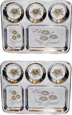 Sager Stainless Steel Lunch/Dinner Plate/Bhojan Thali 5 in 1 Compartments with Mirror Finish, Floral Laser Design in All compartments Dinner Plate(Pack of 2)