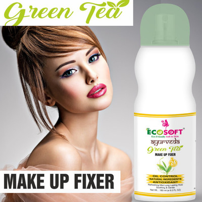 ECOSOFT AYURVEDA Ultimate Green Tea Extract Make-Up Fixer Mist directly onto makeup brush and apply product as usual to prolong wear, New Advance completely made with temperature control formula. Refreshing and rejuvenating skin makeup setting spray long lasting & moisturizing. Green Tea Long Lastin
