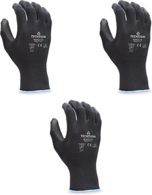 Techtion Black Half-Dip Nitrile PU Coating Safety Gloves For Industrial & Construction Use Pack of 3 Pairs S Nitrile  Safety Gloves(Pack of 6)