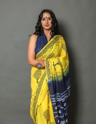 Divyam Printed, Solid/Plain Ikkat Pure Cotton Saree(Multicolor, Blue, Yellow)