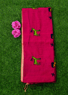 DRESSED UP DIVAS Embroidered Handloom Cotton Blend Saree(Red)