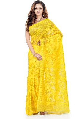 TANTLOOM Self Design Jamdani Handloom Pure Cotton Saree(Yellow)