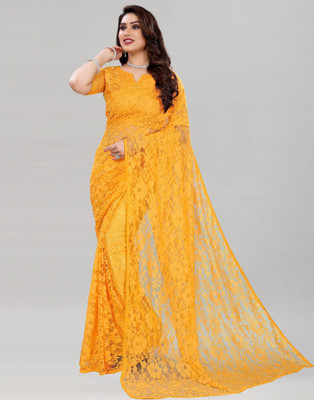 Samah Embellished, Dyed, Solid/Plain Bollywood Net Saree(Yellow)