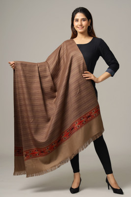 Ravaiyaa - Attitude Is Everything Wool Striped, Embellished, Woven Women Shawl(Brown)