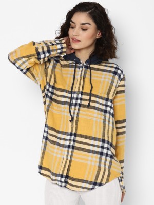 American Eagle Outfitters Women Checkered Casual Yellow Shirt