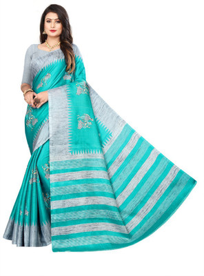 Grubstaker Printed Assam Silk Art Silk Saree(Blue)