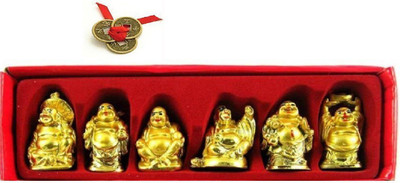 PAYSTORE COMBO OF Feng Shui Laughing Buddha Set of 6 Pieces & 3 LUCKY COINS Decorative Showpiece  -  8 cm(Polyresin, Gold)