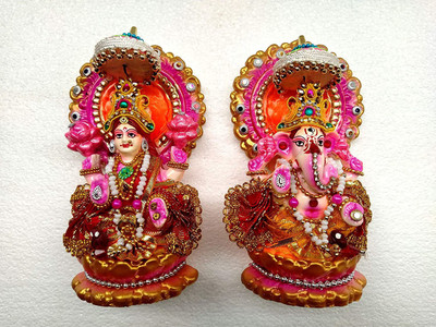 KSI Mitti Cool Terracotta Clay Ganesh & laxmi Idol in Multi Colour Decorative Showpiece  -  16.2 cm(Clay, Terracotta, Multicolor)