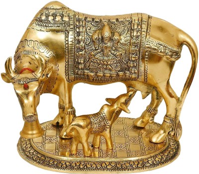 MH XCESSORIES Gold Finished Metal Kamdhenu Cow with Calf Decorative Showpiece Figurine Decorative Showpiece  -  10 cm(Stone, Gold)