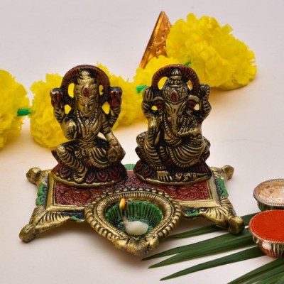 PPJ Metal Laxmi Ganesh Idol with Diya for Pooja Home and Office for Diwali Gift (Diwali Offer, Standard) (PACK OF 1) Decorative Showpiece  -  18 cm(Brass, Multicolor)