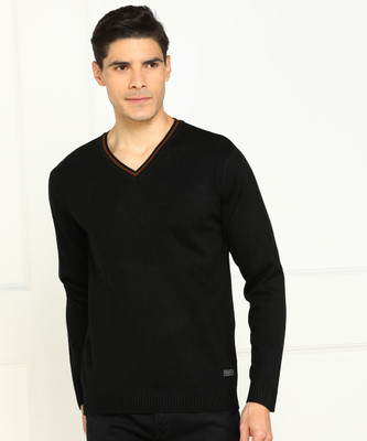 PETER ENGLAND Solid V Neck Casual Men Black Sweater