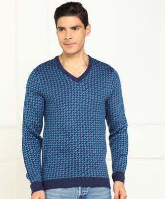 PETER ENGLAND Self Design V Neck Casual Men Blue Sweater