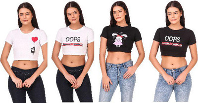 4M SALES Casual Graphic Print Women White, Black Top