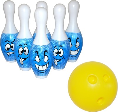 Planet of Toys ®Big Bowling Set for Kids (Plastic 6 Blue Color Pins & 1 Yellow Ball) Age 3 to 8 Years With Emoji On The pins Perfect Indoor and Outdoor Game Set For Boys & Girls Bowling