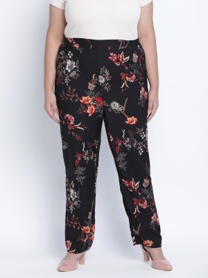 OXOLLOXO Utallic Tropical Printed Plus Size Elasticated Pant Regular Fit Women Black Trousers