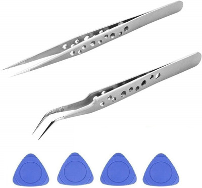 PAUS&MORK Set of 2 Anti-Static Stainless Steel Tweezers for Eyelashes/Mobile/Iphone/Ipad/Smartphone/Electronics/Laptop and Jewelry Repair- Straight & Curved Tips With 4 Openers