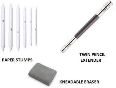 Sabahz Trading White Paper Blending Stumps or Tortillon, Kneadable Eraser and Pencil Extender for Blending Shading Smudging of Graphite and Charcoal Pencils