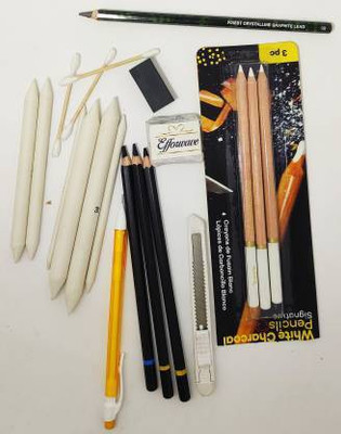 Sabahz Trading White & Black Charcoal Pencils with White Paper Stump/Art Blender/Trtillons & Kneadable Eraser for Graphite & Charcoal Pencils (Set of 6 Charcoal Pencils, 6 Stumps & 1 Kneadable Eraser)