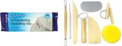 Sabahz Trading Mont Martee Modelling Clay Air Hardening White 1 Pack 500 GMS and 8-Piece Wooden Pottery Clay Wax Tool Kit Carving Sculpting Modeling Tool Set Combo