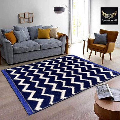 Sparrow world Blue Chenille Runner(5 ft,  X 6 ft, Rectangle)