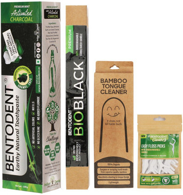 bentodent Smile box includes Charcoal Toothpaste, Floss, Soft toothbrush & Bamboo Tongue Cleaner(4 Items in the set)